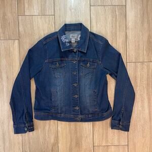 G.H. Bass & Co. Women Denim Jacket L Blue Jean Floral Embroidered Stretch Cotton